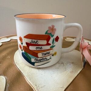 Just One More Chapter Stack Books Ceramic Coffee Mug - White and Peach